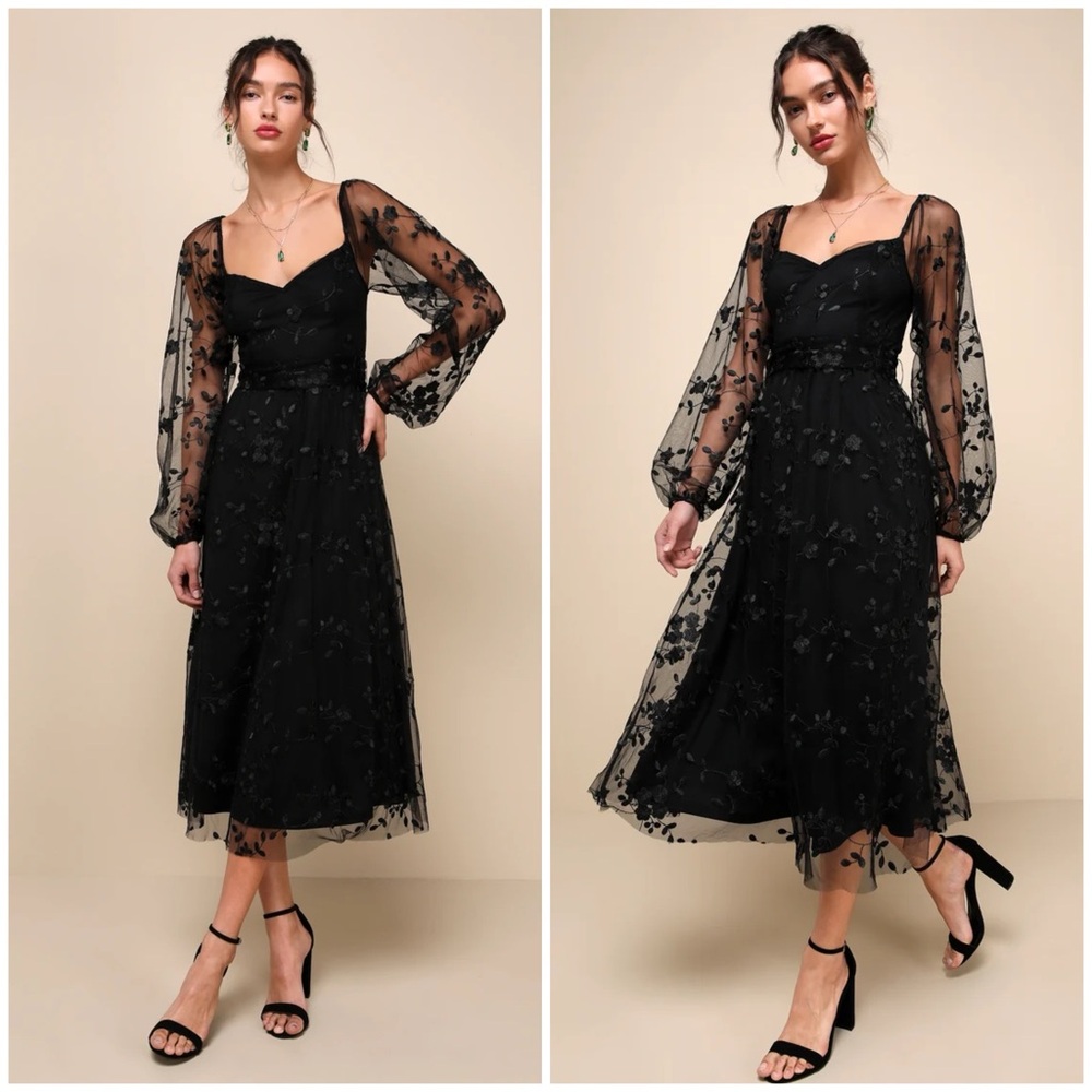 Lulu's Darling Charisma Black Mesh Embroidered Midi Dress